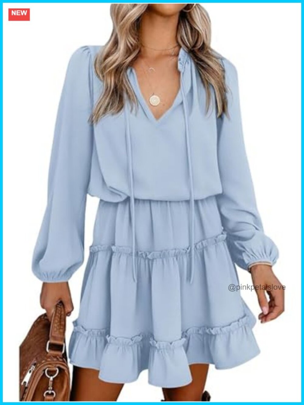 Long Sleeve Tie V Neck Ruffle Mini Dress A-Line Lightweight Casual
